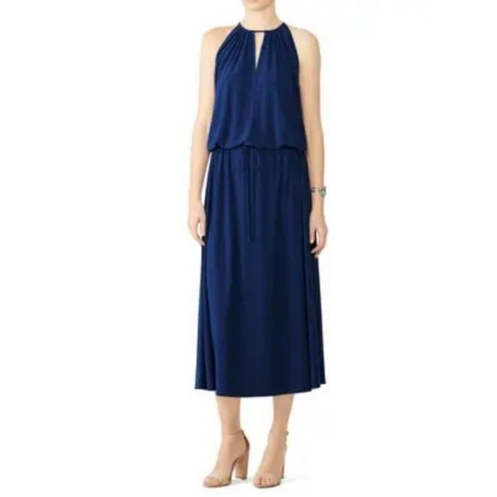 Natori Midi Dress S Blue Sleeveless Blouson Silhouette Keyhole Drawstring‎